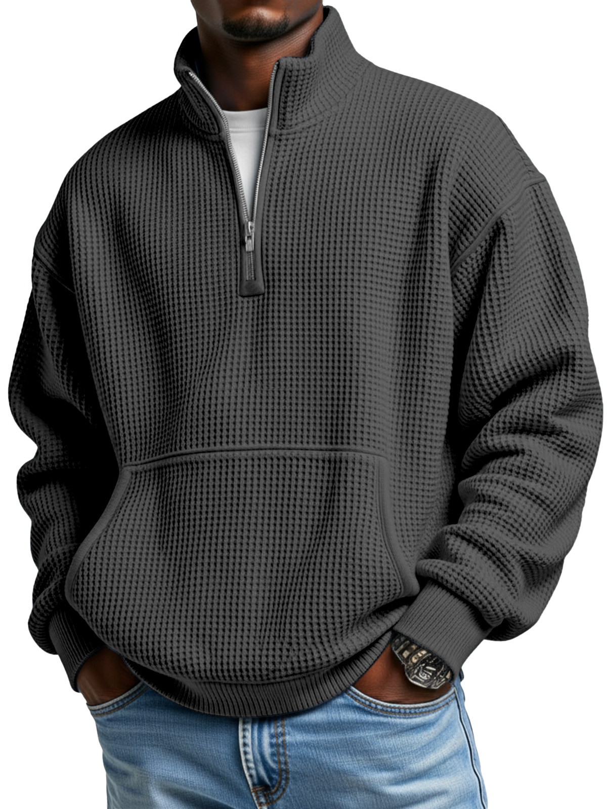 Men's Simple Everyday Waffle Kangaroo Pouch Zipper Stand Collar Polo Shirt