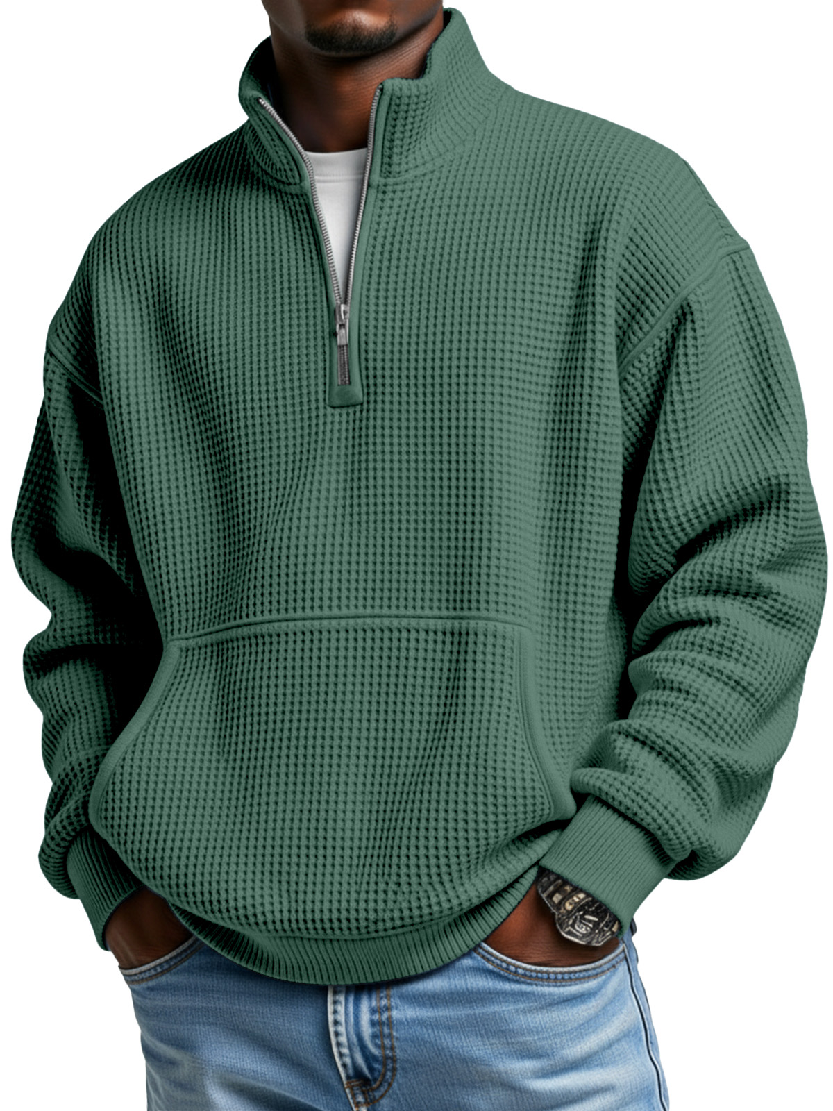 Men's Simple Everyday Waffle Kangaroo Pouch Zipper Stand Collar Polo Shirt