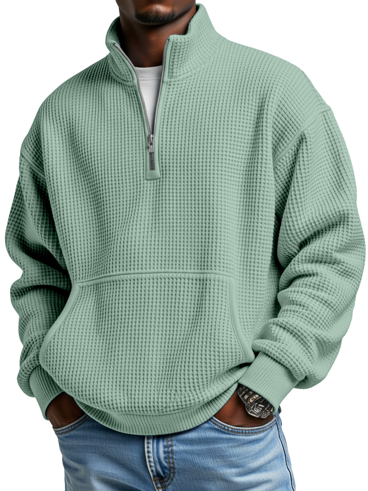 Men's Simple Everyday Waffle Kangaroo Pouch Zipper Stand Collar Polo Shirt