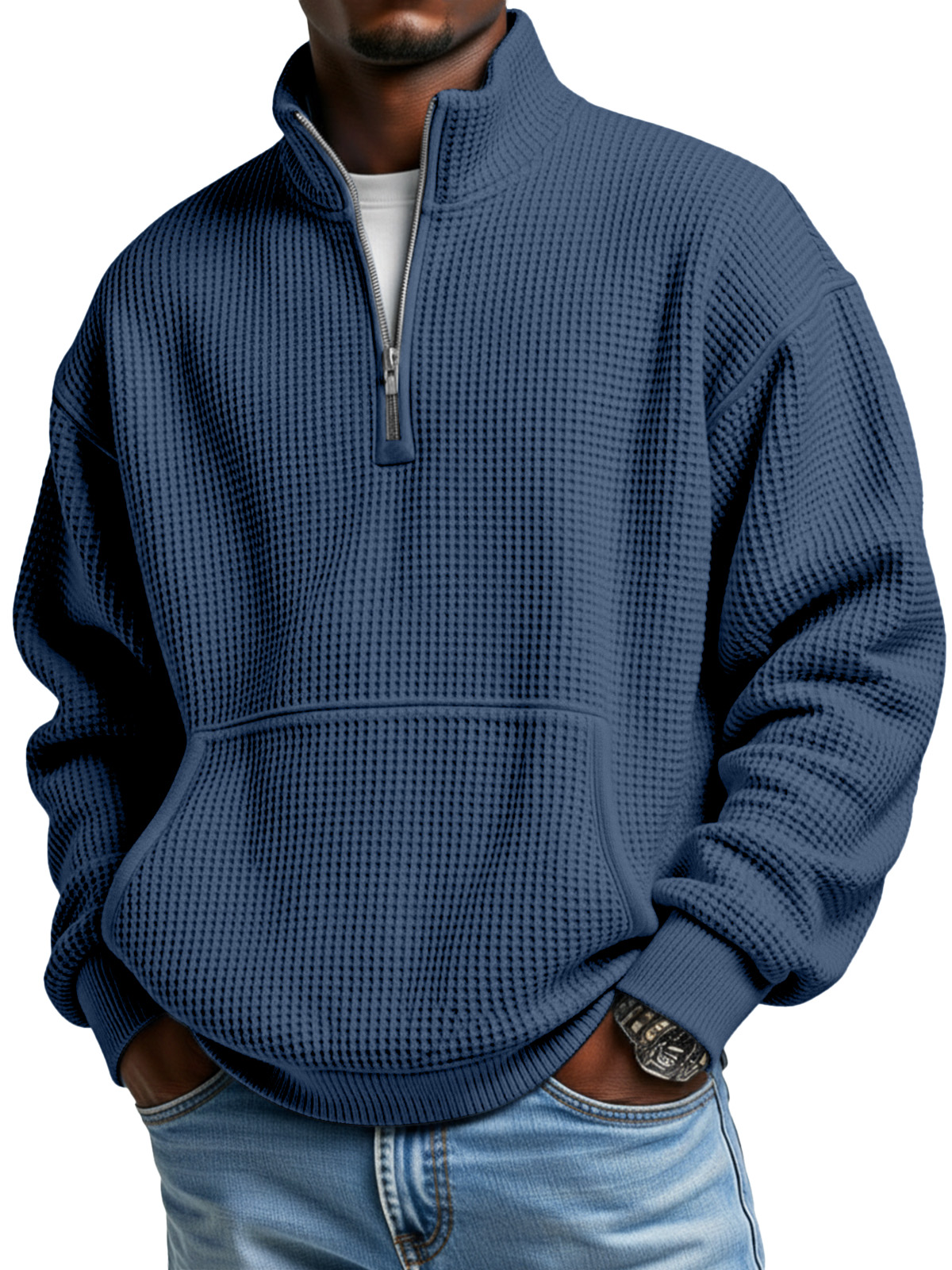 Men's Simple Everyday Waffle Kangaroo Pouch Zipper Stand Collar Polo Shirt
