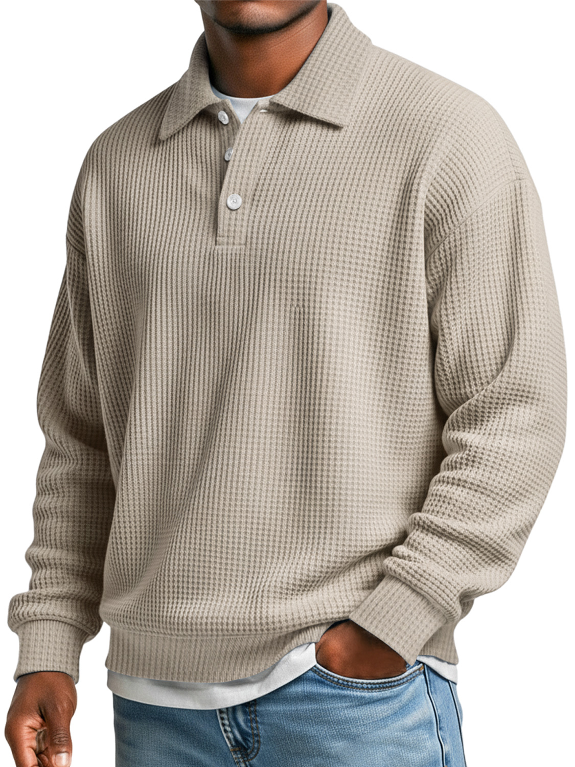 Men's Waffle Simple Lapel Button Casual Loose Polo Shirt