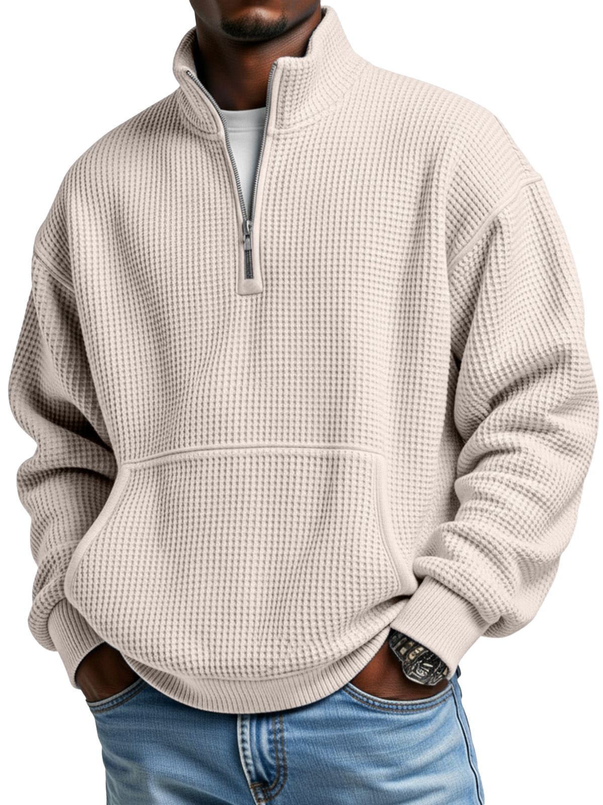 Men's Simple Everyday Waffle Kangaroo Pouch Zipper Stand Collar Polo Shirt