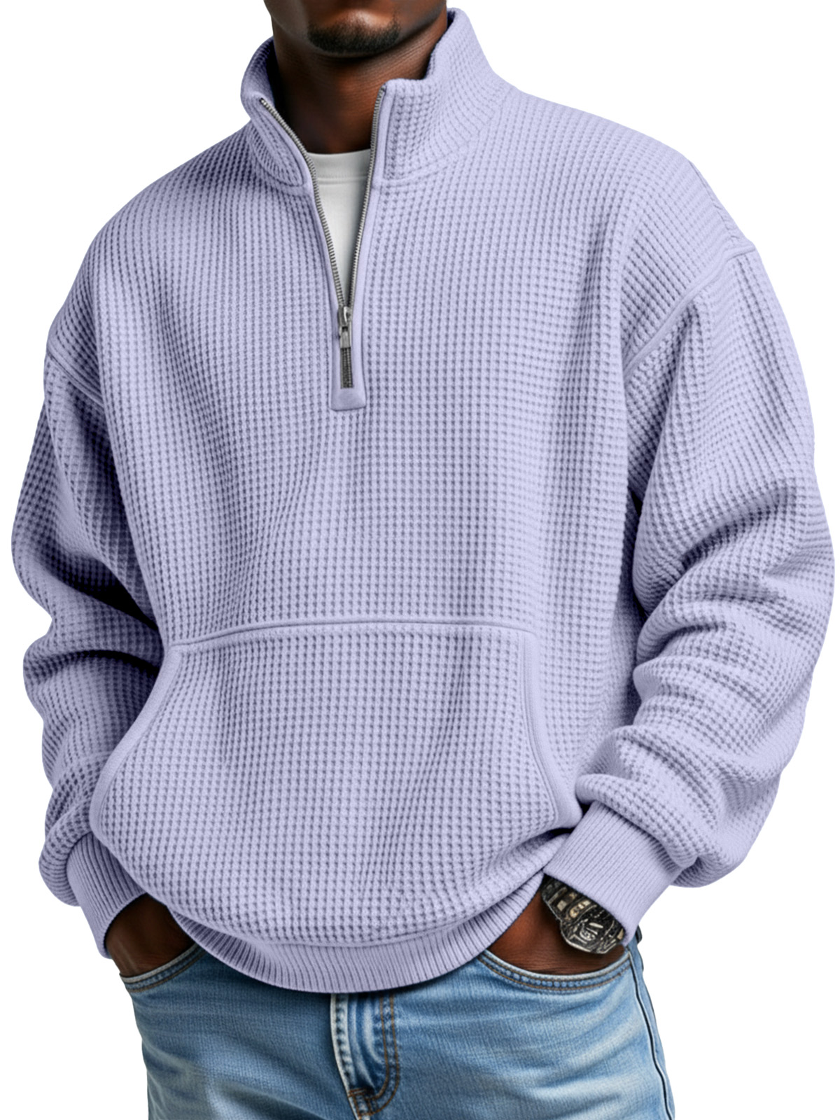 Men's Simple Everyday Waffle Kangaroo Pouch Zipper Stand Collar Polo Shirt