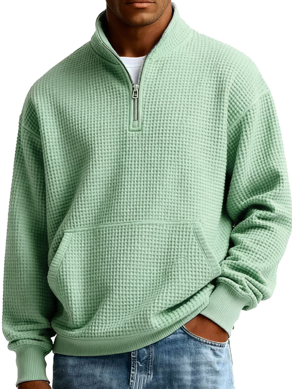 Men's Fashionable Casual Waffle Fabric Stand-up Collar Half-zip Long-sleeved Sweatshirt
