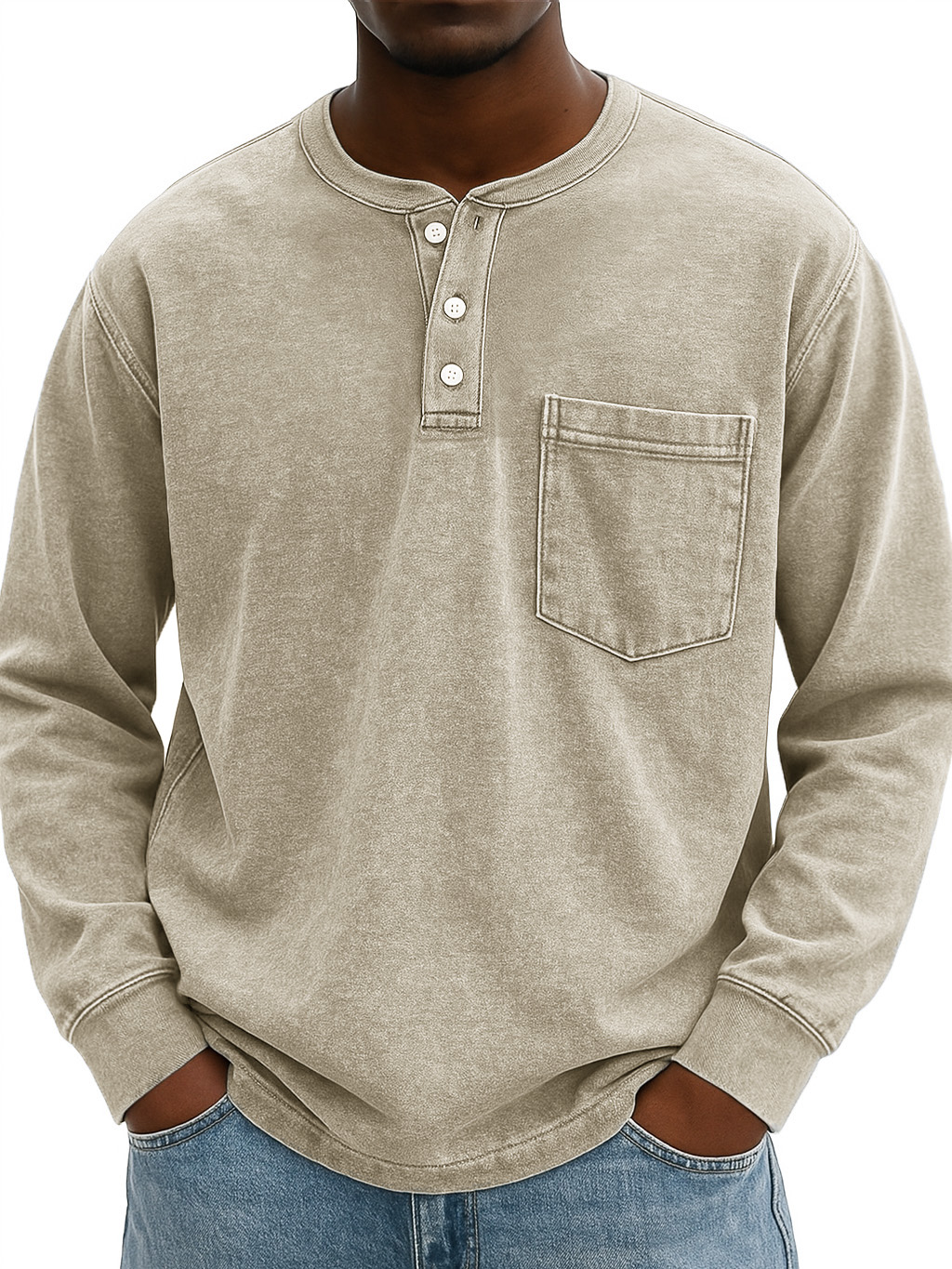 Men's Stylish Vintage Distressed Pocket Lapel Long-sleeved Henley Shirt