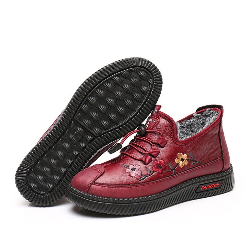 Leather Fur Moccasins Women Loafers for Elderly Females Soft Warm