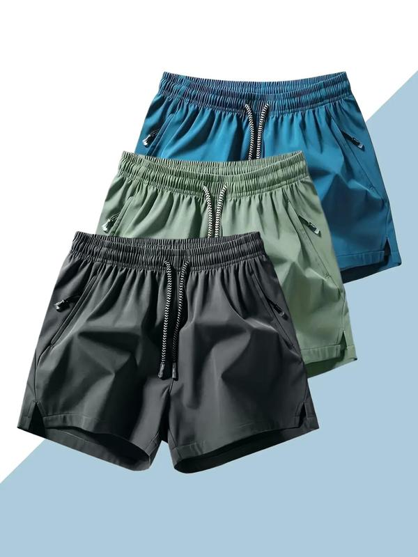 Men's Plain Solid Color Drawstring Short Pants,Zip Pocket