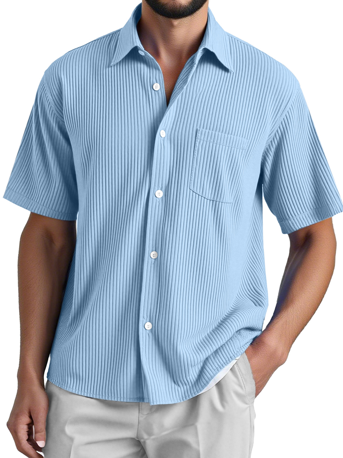 Men's Daily Loose And Comfortable Vertical Striped Texture Short-sleeved Button-down Shirt