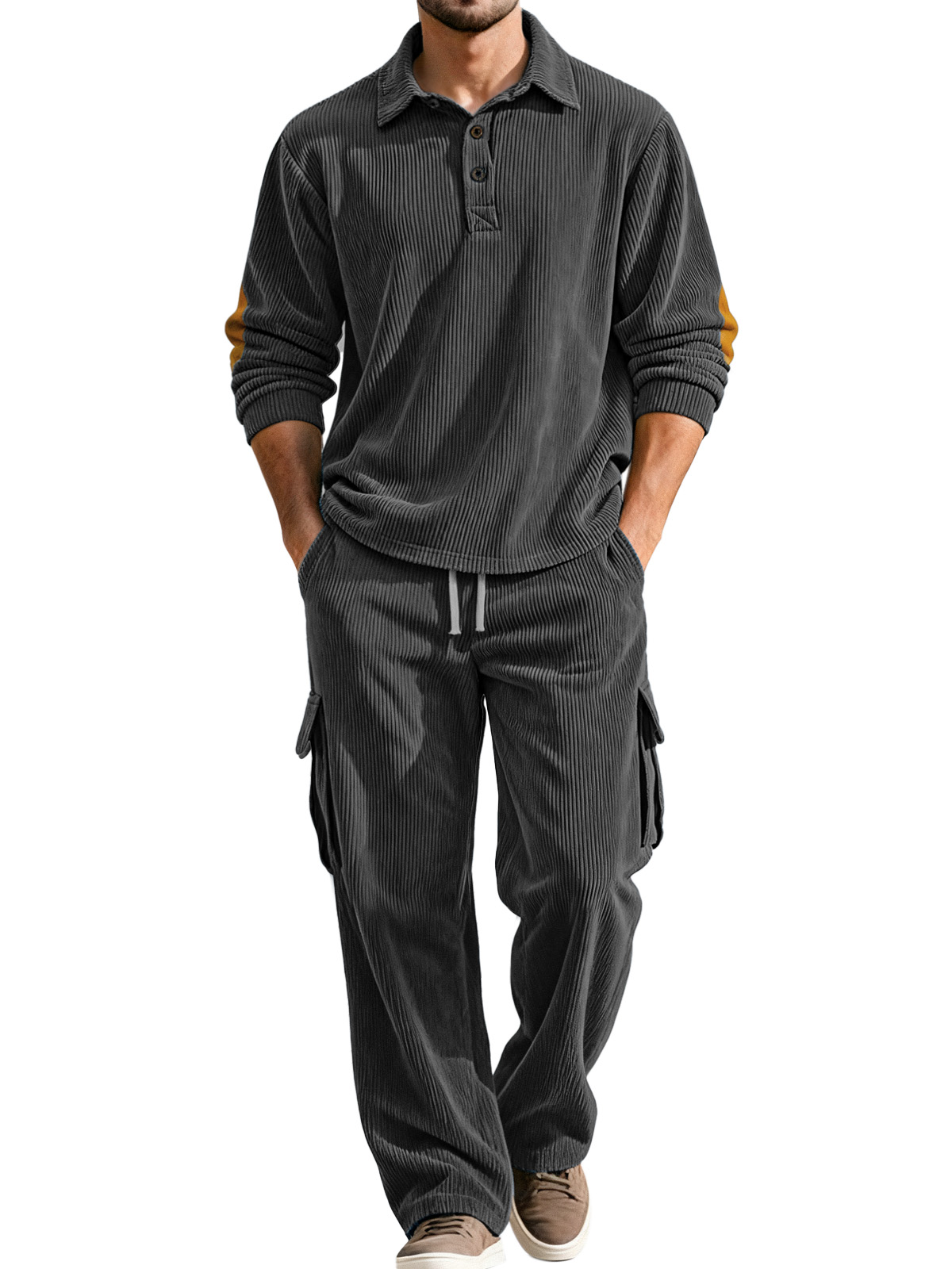 Autumn And Winter Corduroy Lapel Long-sleeved Polo Shirt Straight Pants Casual Suit