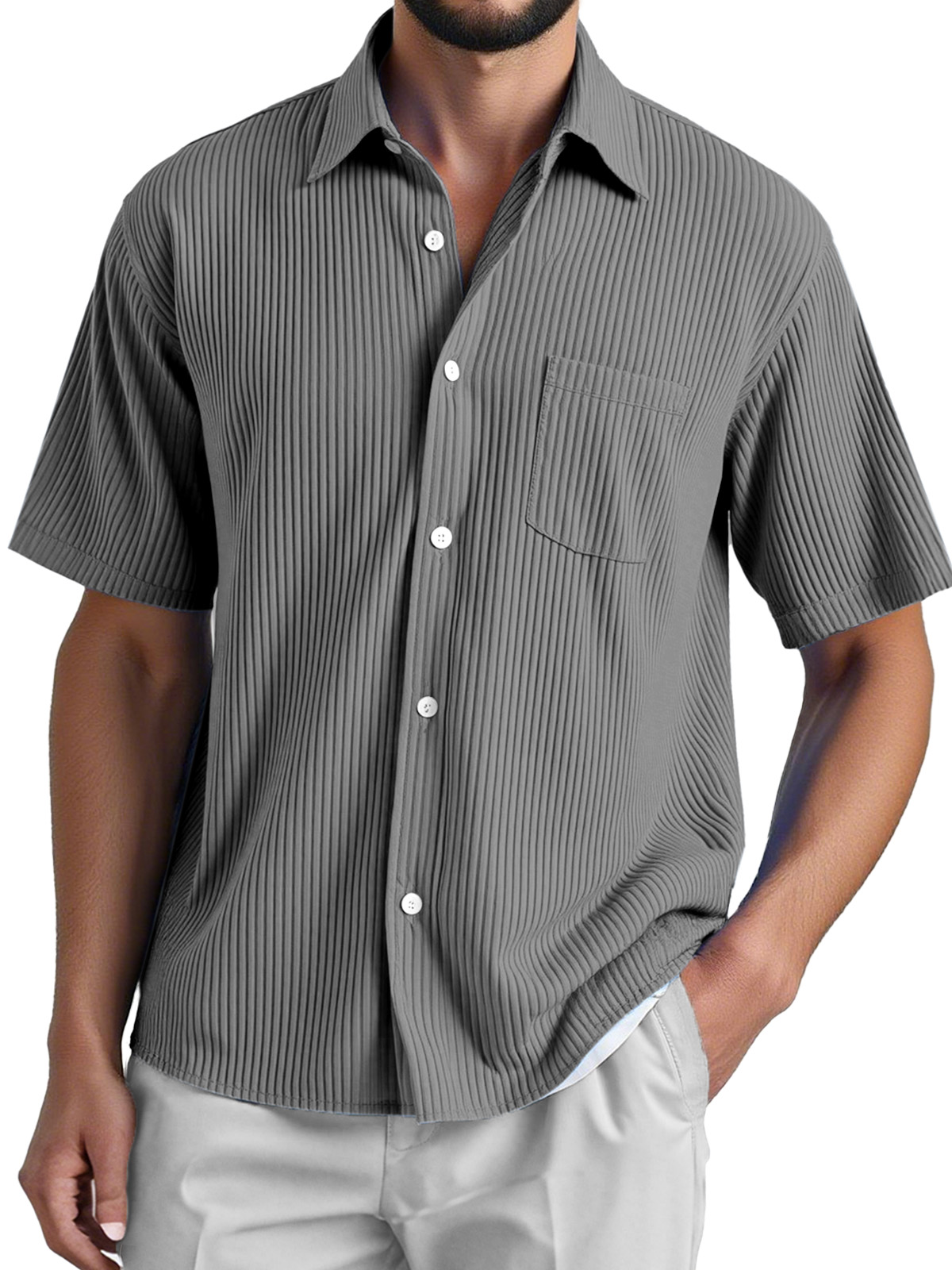 Men's Daily Loose And Comfortable Vertical Striped Texture Short-sleeved Button-down Shirt
