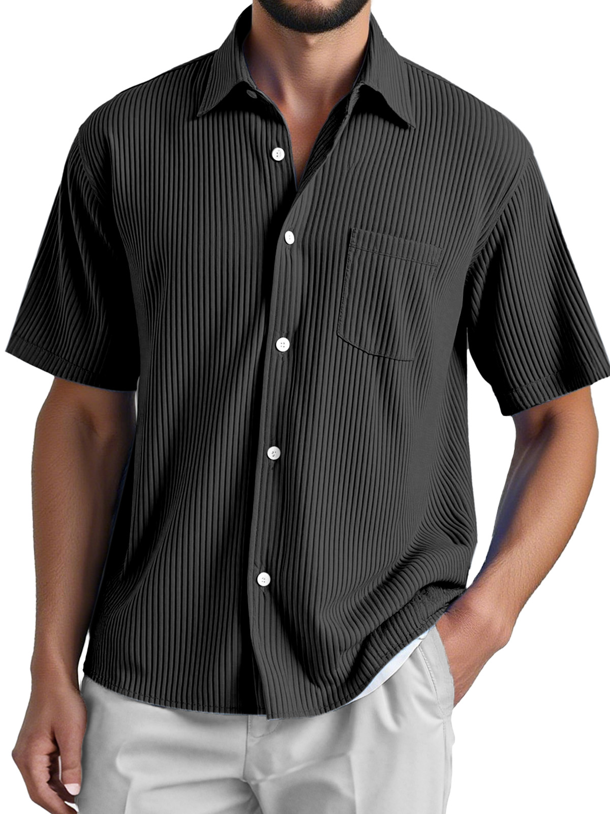 Men's Daily Loose And Comfortable Vertical Striped Texture Short-sleeved Button-down Shirt