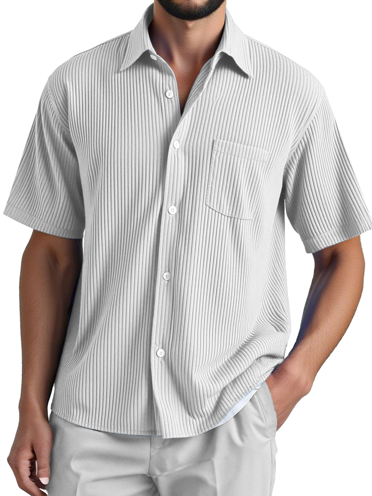Men's Daily Loose And Comfortable Vertical Striped Texture Short-sleeved Button-down Shirt