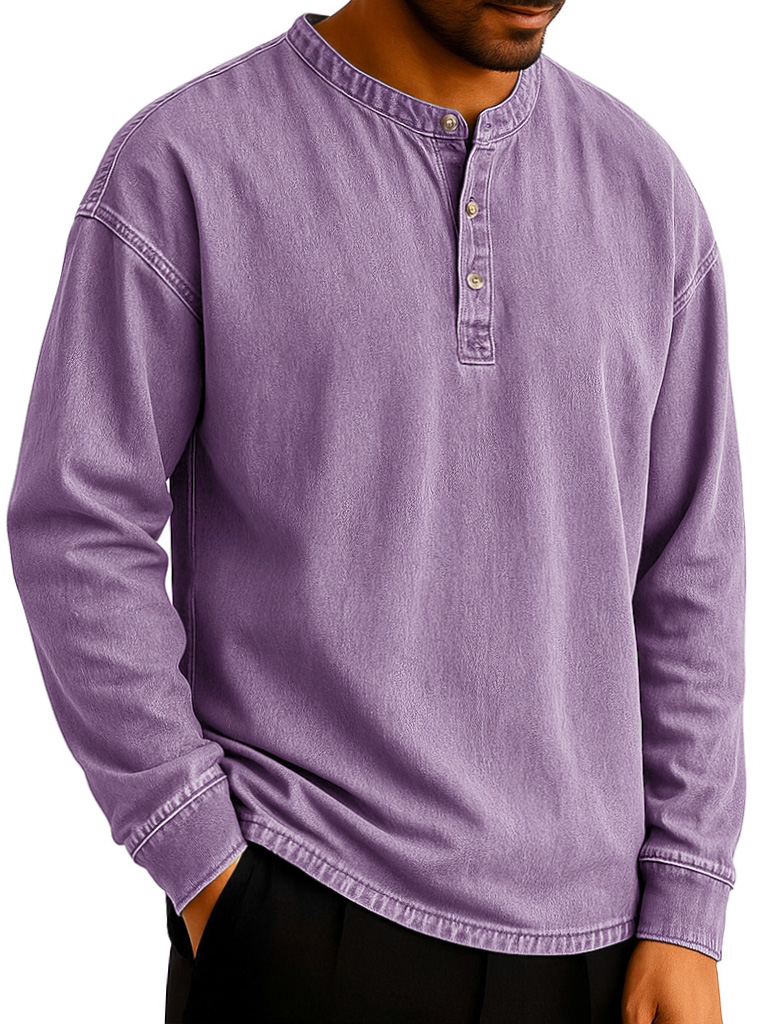 Men's Stylish Retro Distressed Long-sleeved Multicolor Henley Shirt