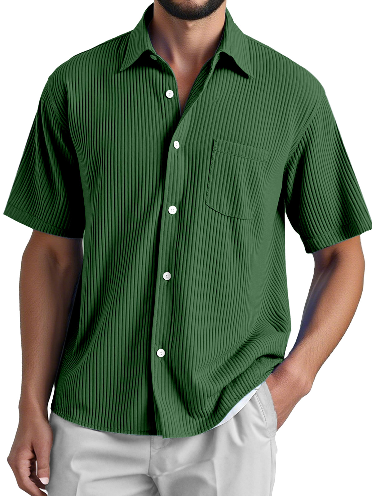 Men's Daily Loose And Comfortable Vertical Striped Texture Short-sleeved Button-down Shirt