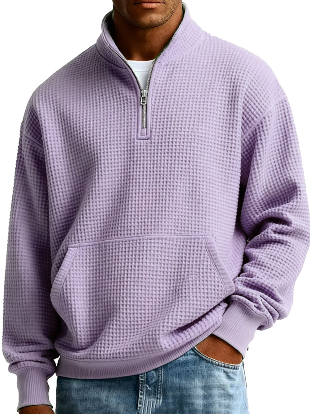 Men's Fashionable Casual Waffle Fabric Stand-up Collar Half-zip Long-sleeved Sweatshirt
