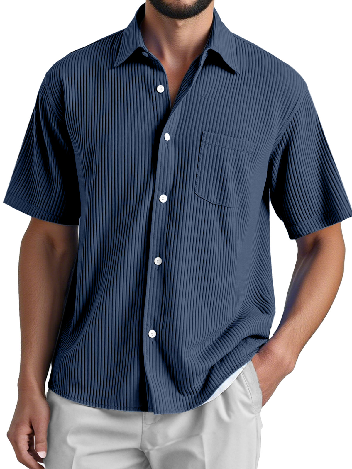 Men's Daily Loose And Comfortable Vertical Striped Texture Short-sleeved Button-down Shirt