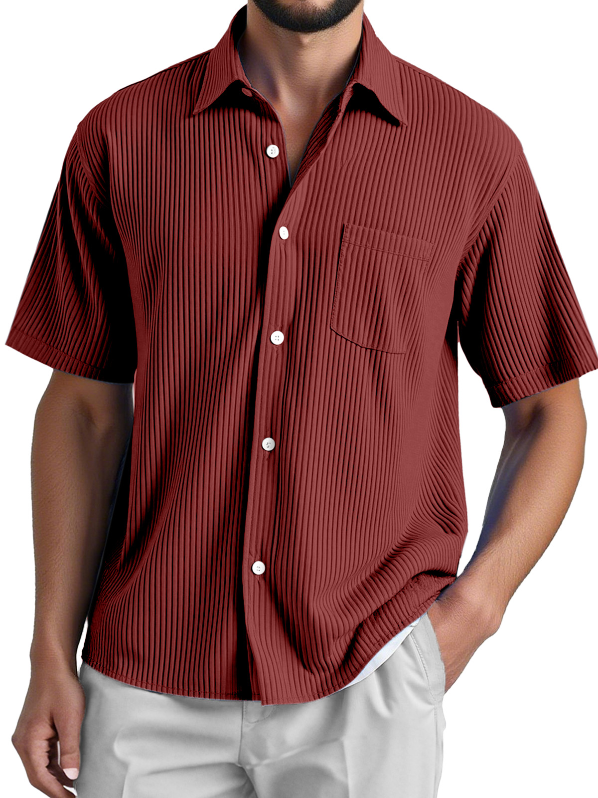 Men's Daily Loose And Comfortable Vertical Striped Texture Short-sleeved Button-down Shirt