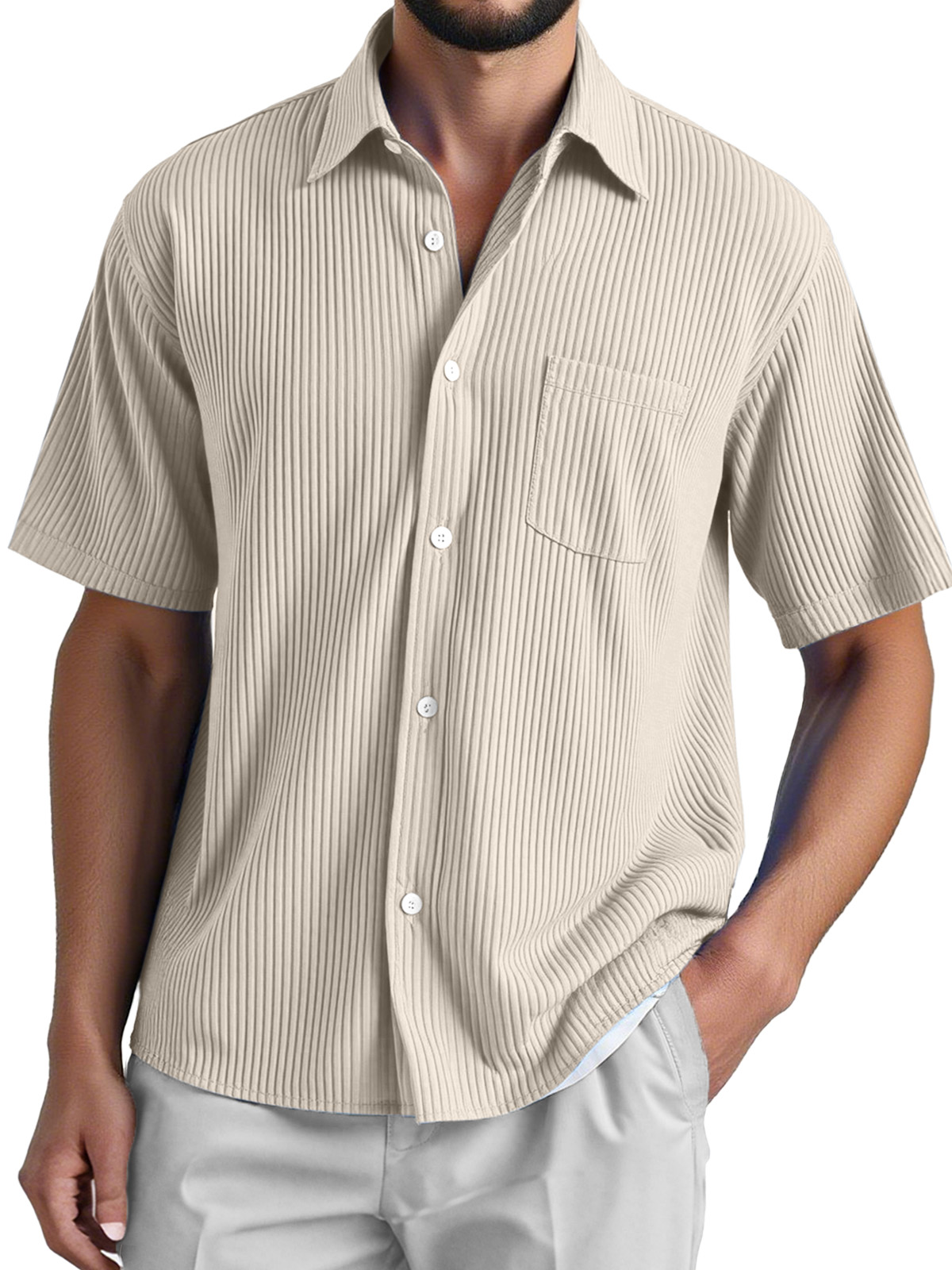 Men's Daily Loose And Comfortable Vertical Striped Texture Short-sleeved Button-down Shirt