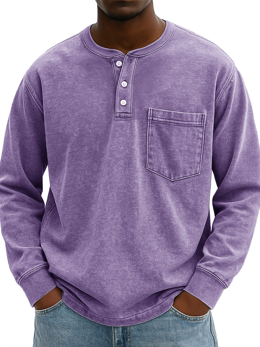 Men's Stylish Vintage Distressed Pocket Lapel Long-sleeved Henley Shirt