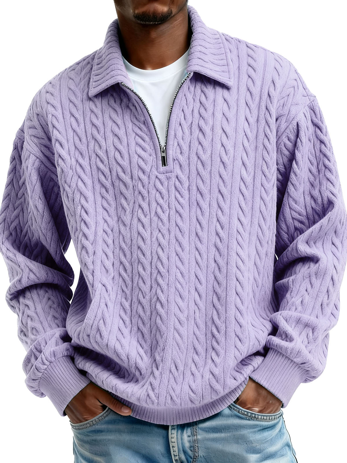 Men's Clothing Fashionable Casual Twist Texture Fabric Lapel Zipper Long-sleeved Hoodie 