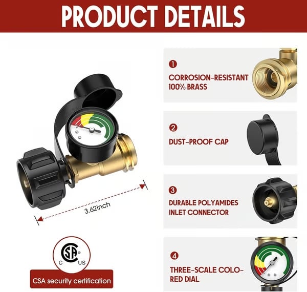 Universal Propane Tank Gauge for 5-40 Pound LP Tanks | Gas Level Indicator for Grill, Heater, RV Camper, QCC1/Type 1 Connection