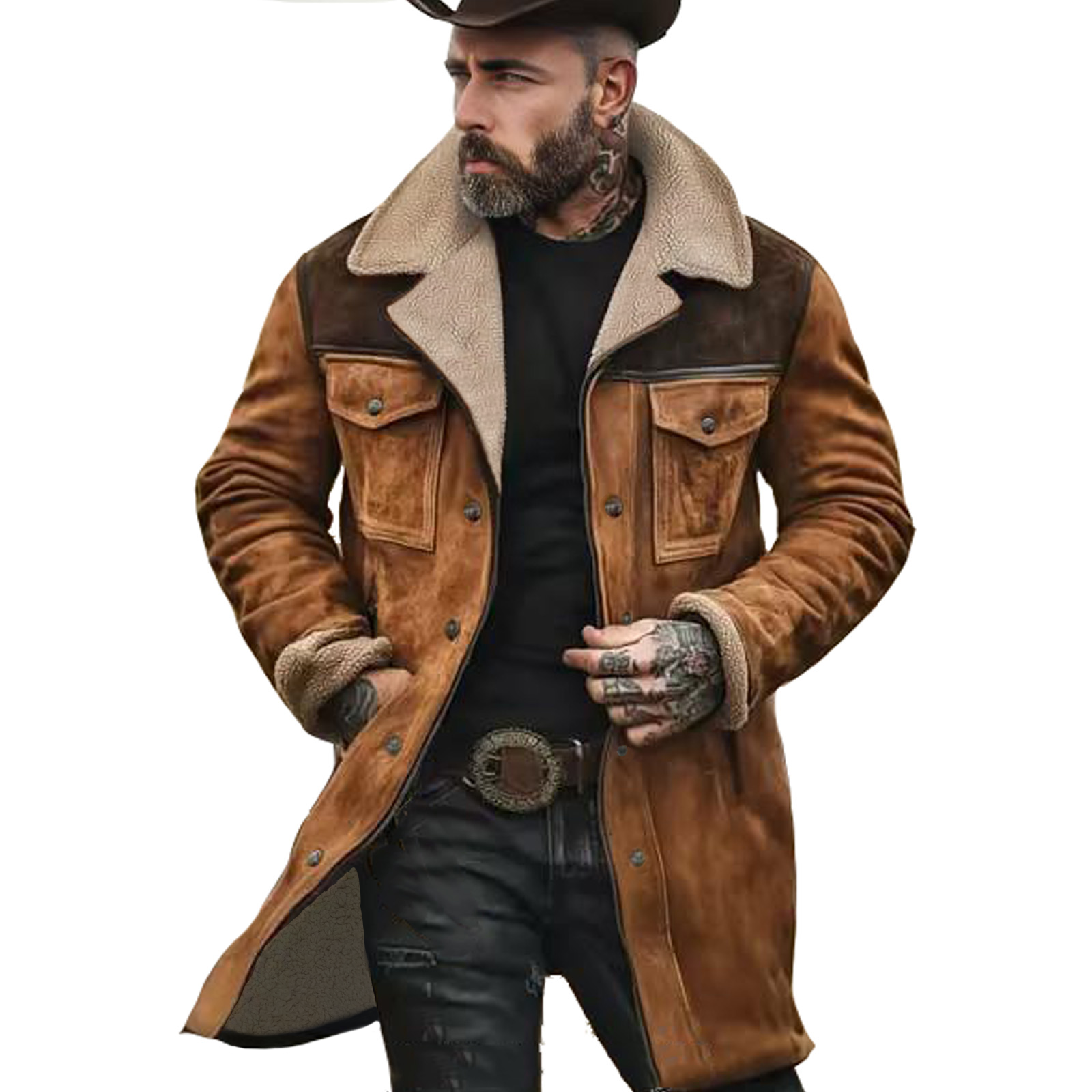 Men's Vintage Suede Patchwork Lamb Fleece Multi-Pocket Reverse Collar Outdoor Jacket Coat