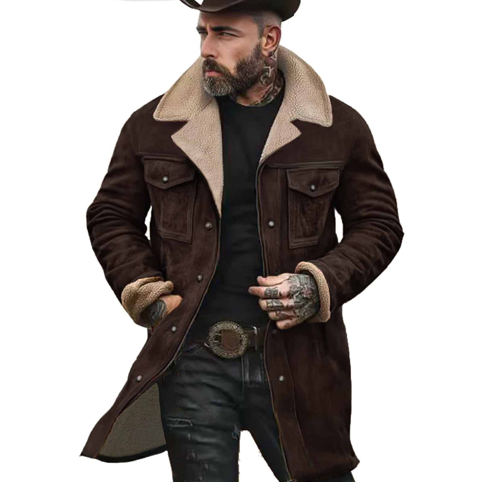 Men's Vintage Suede Patchwork Lamb Fleece Multi-Pocket Reverse Collar Outdoor Jacket Coat