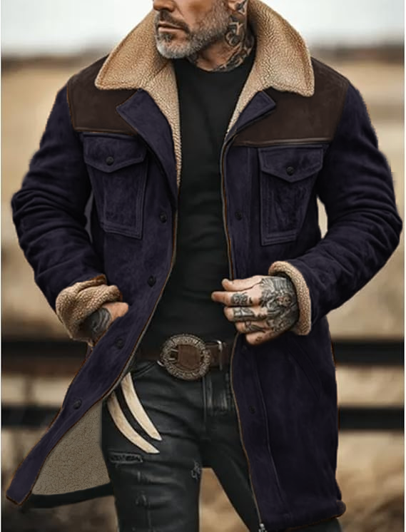 Men's Vintage Suede Patchwork Lamb Fleece Multi-Pocket Reverse Collar Outdoor Jacket Coat