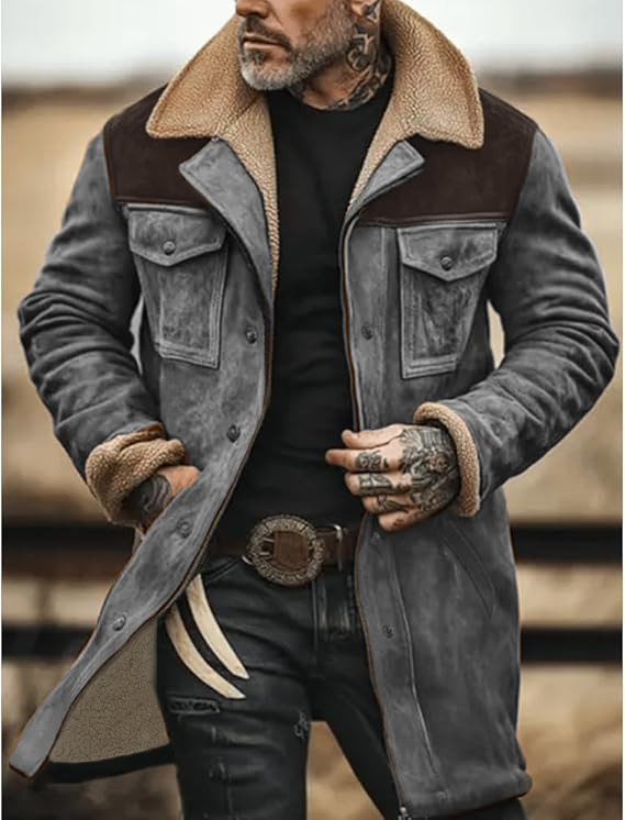 Men's Vintage Suede Patchwork Lamb Fleece Multi-Pocket Reverse Collar Outdoor Jacket Coat
