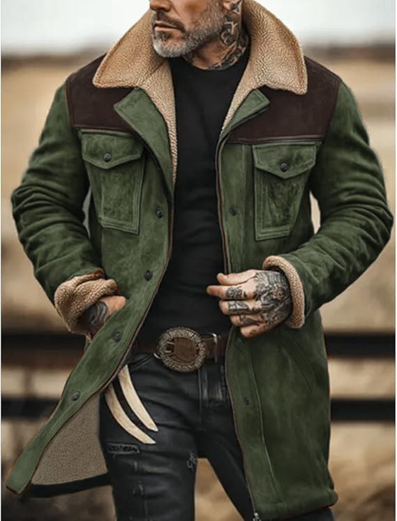 Men's Vintage Suede Patchwork Lamb Fleece Multi-Pocket Reverse Collar Outdoor Jacket Coat