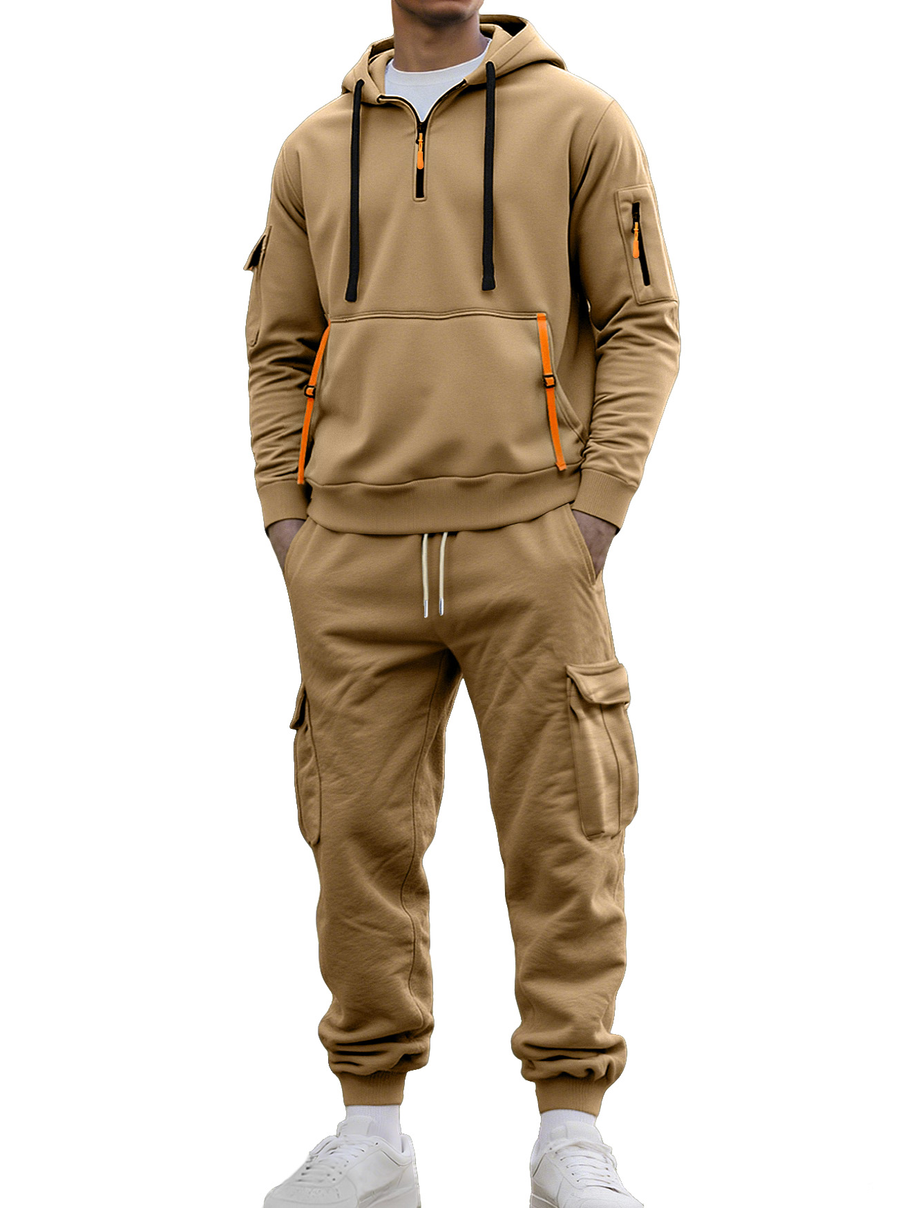 Autumn And Winter Men's Fleece Zipper Sweatshirt Fashionable Hoodie Multi-pocket Overalls Suit
