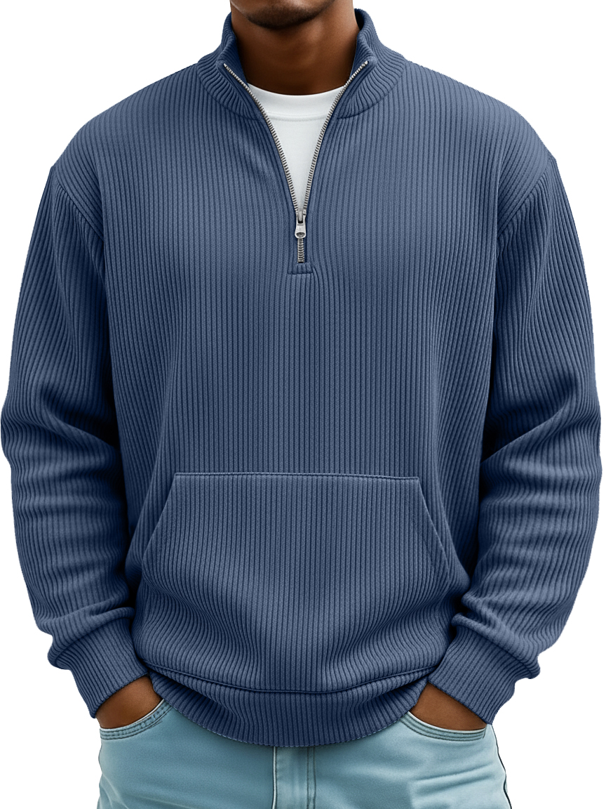 Men's Pit Stripe Stand Collar Zipper Loose Pocket Casual Hoodie