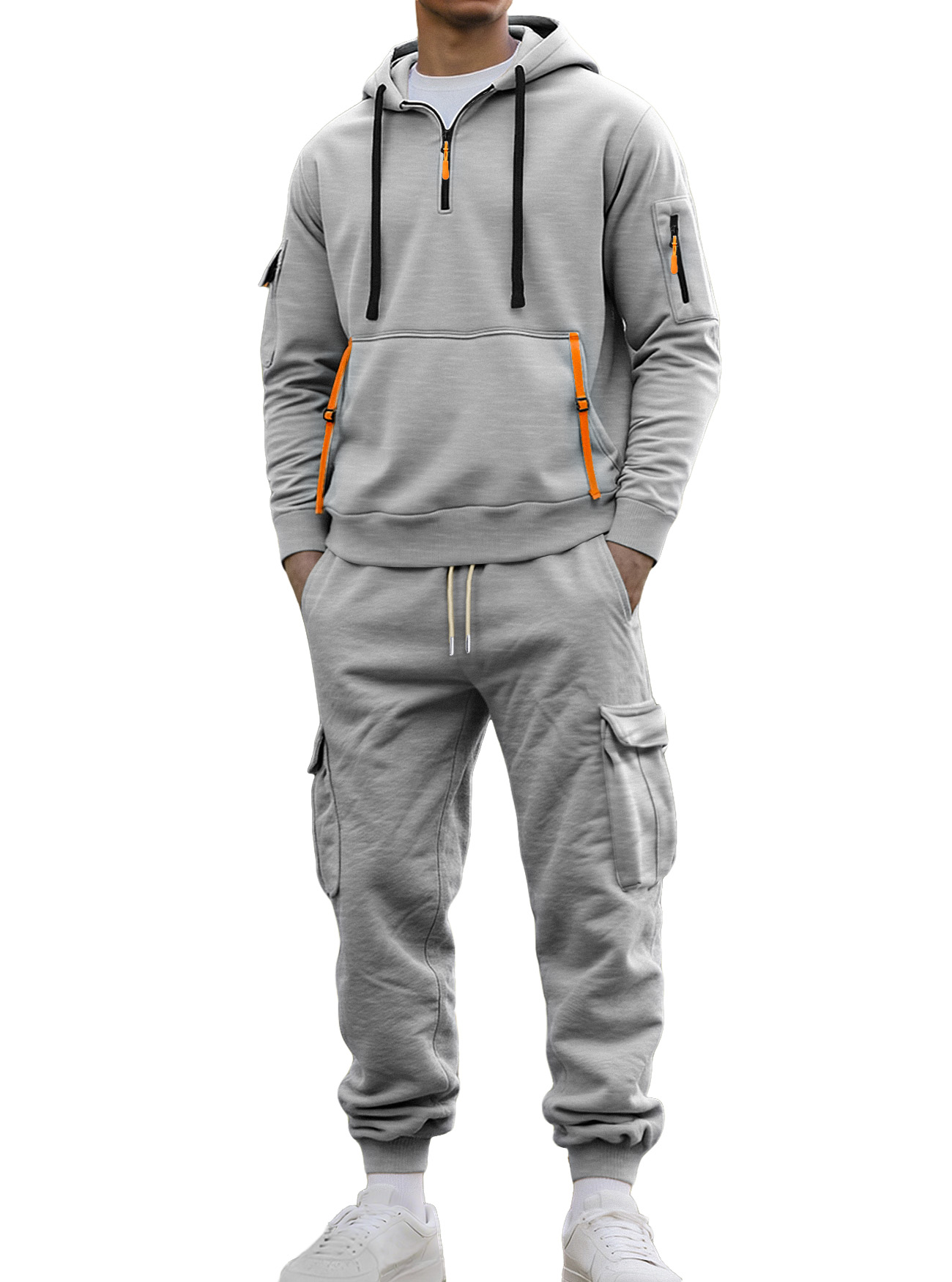 Autumn And Winter Men's Fleece Zipper Sweatshirt Fashionable Hoodie Multi-pocket Overalls Suit