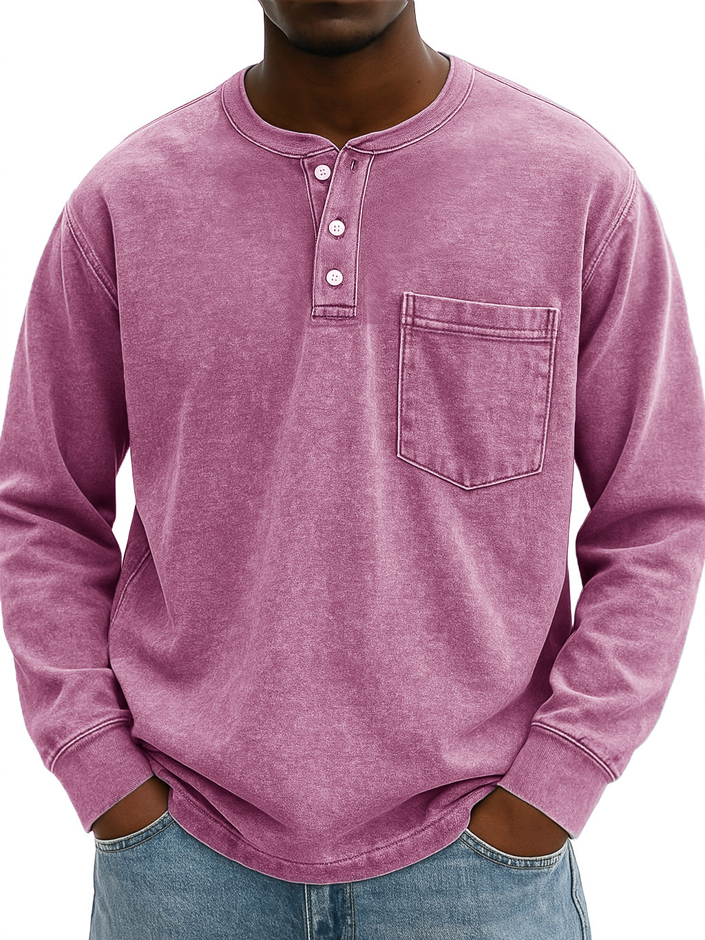 Men's Stylish Vintage Distressed Pocket Lapel Long-sleeved Henley Shirt
