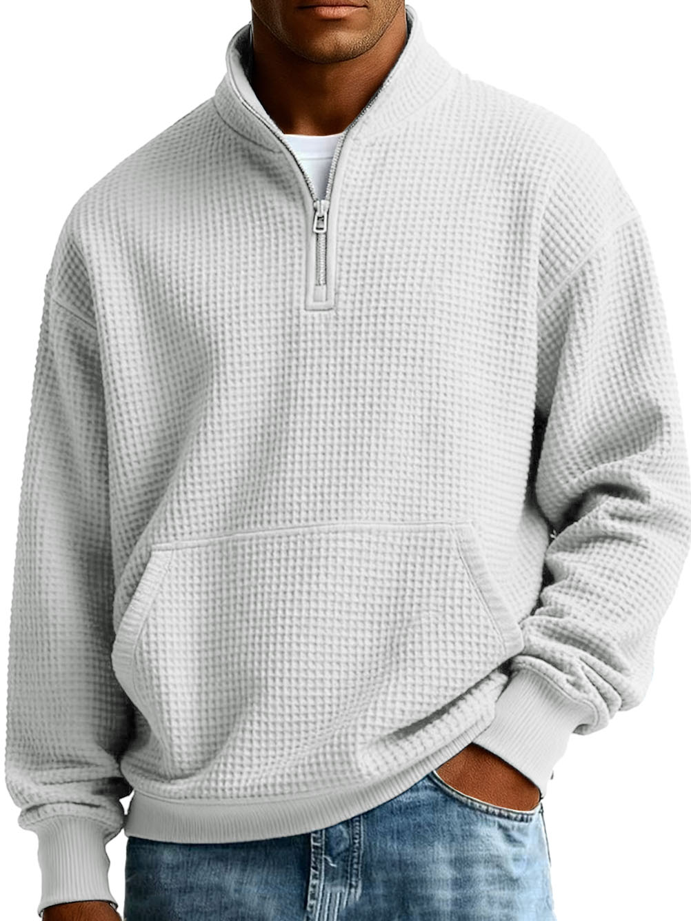 Men's Fashionable Casual Waffle Fabric Stand-up Collar Half-zip Long-sleeved Sweatshirt