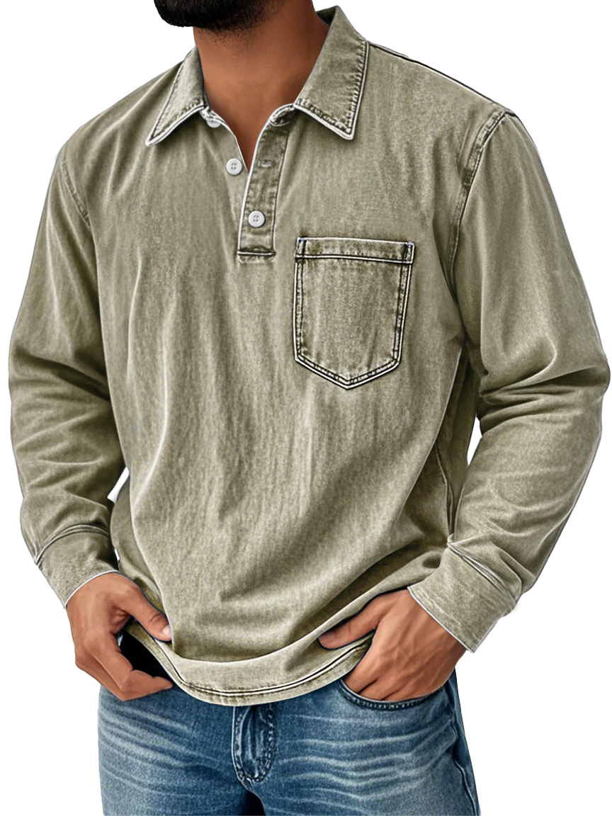 Men's Vintage Distressed Lapel Pocket Casual Long-sleeved Polo Shirt