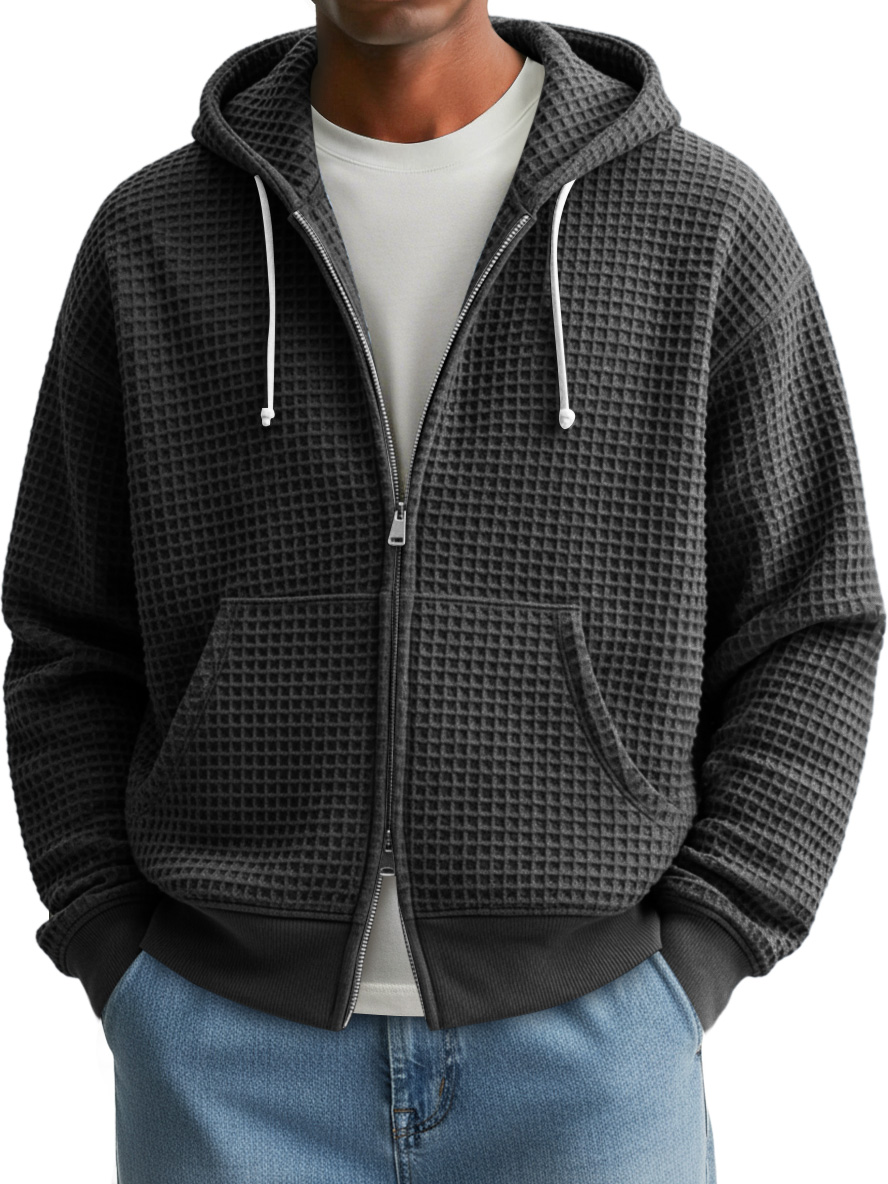 Men's Fashion Waffle Texture Casual Loose Hooded Zipper Jacket