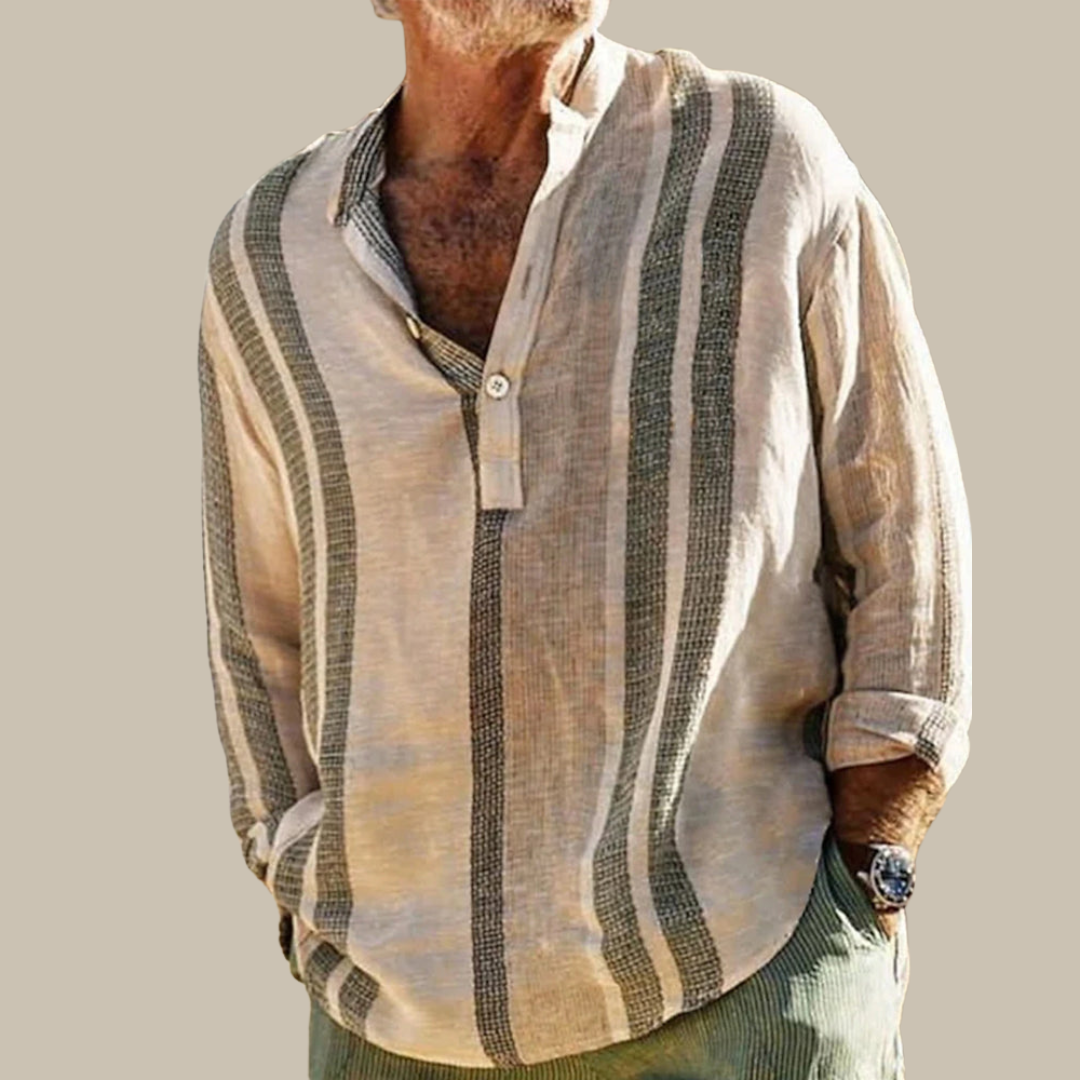 Elegant Men's Linen Shirt with Mao Collar and Subtle Stripes