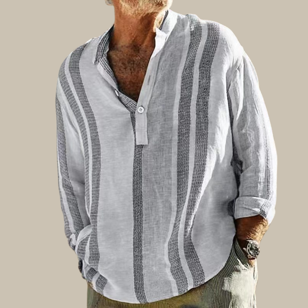 Elegant Men's Linen Shirt with Mao Collar and Subtle Stripes