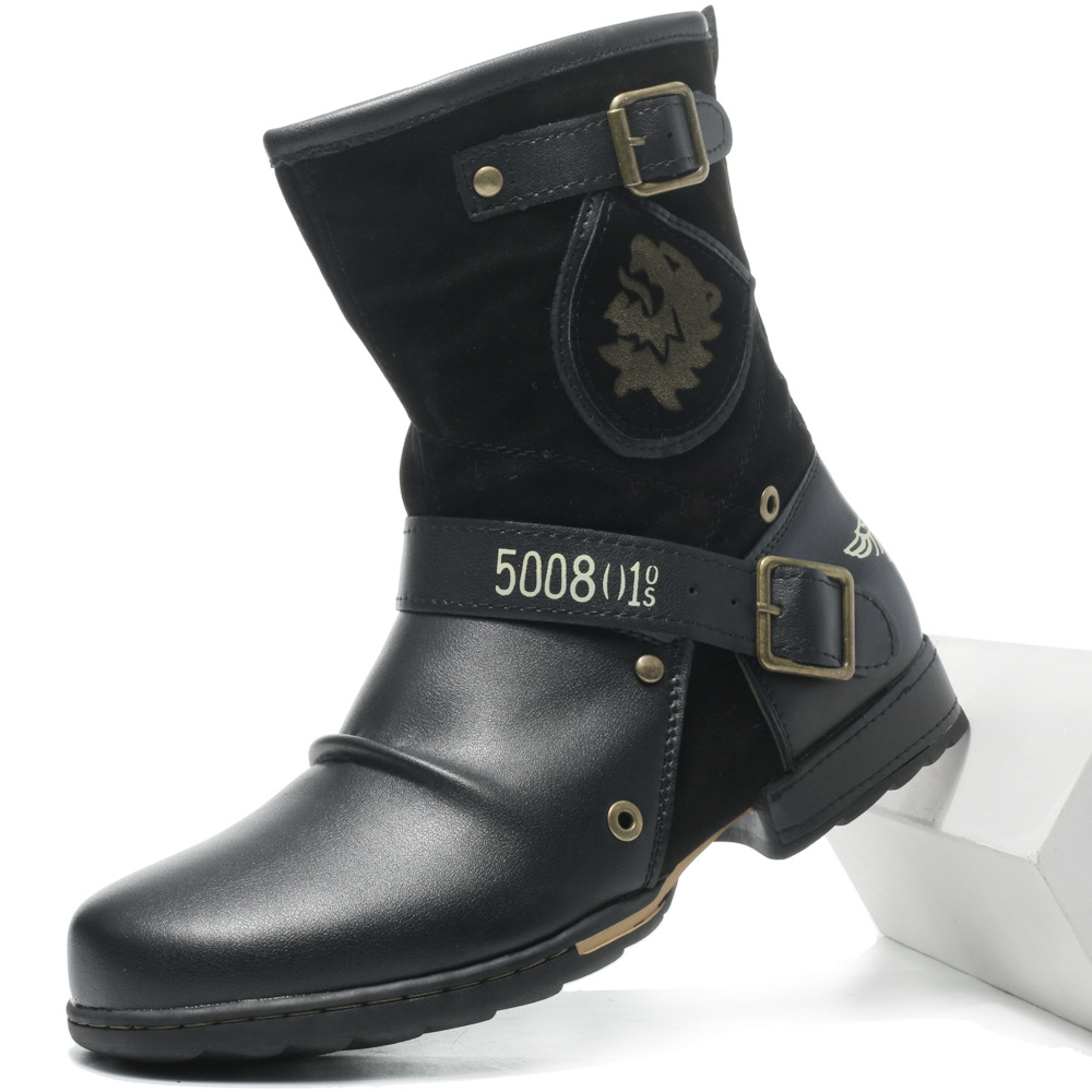 Men's Leather Vintage Buckle Side Zipper Boots