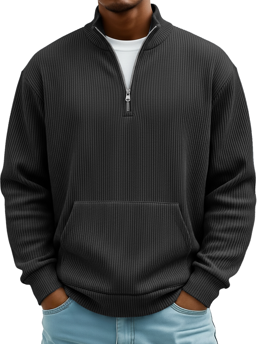 Men's Pit Stripe Stand Collar Zipper Loose Pocket Casual Hoodie