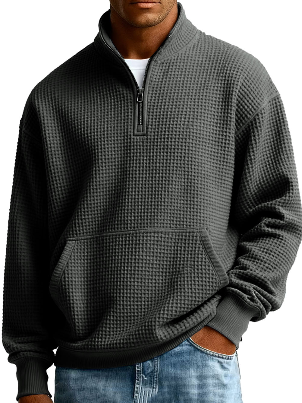 Men's Fashionable Casual Waffle Fabric Stand-up Collar Half-zip Long-sleeved Sweatshirt