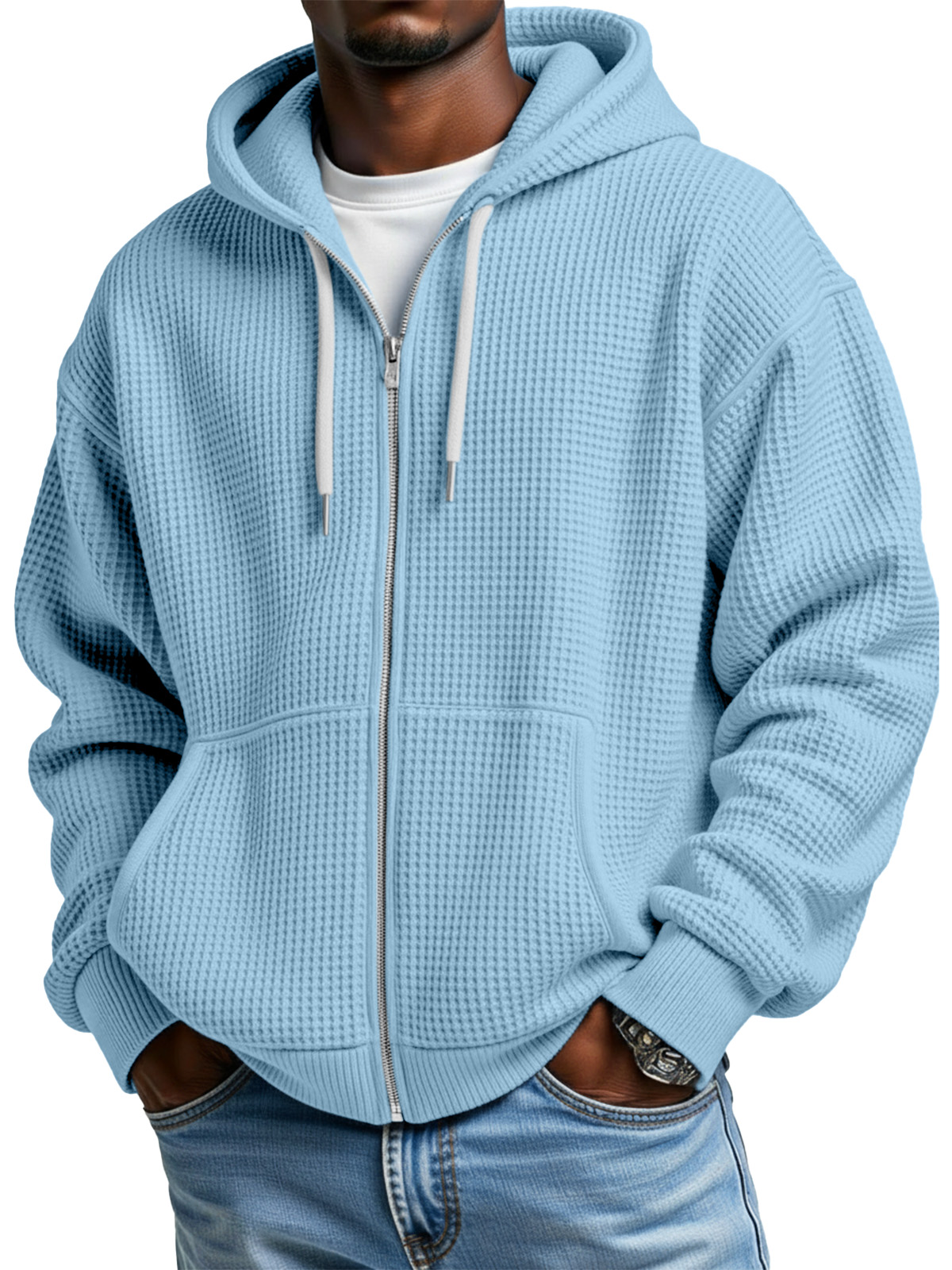 Men's Casual Solid Color Waffle Long Sleeve Hooded Coat
