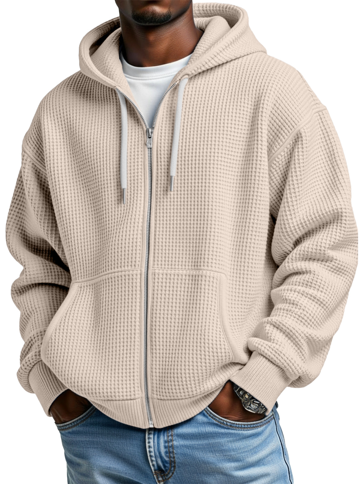 Men's Casual Solid Color Waffle Long Sleeve Hooded Coat