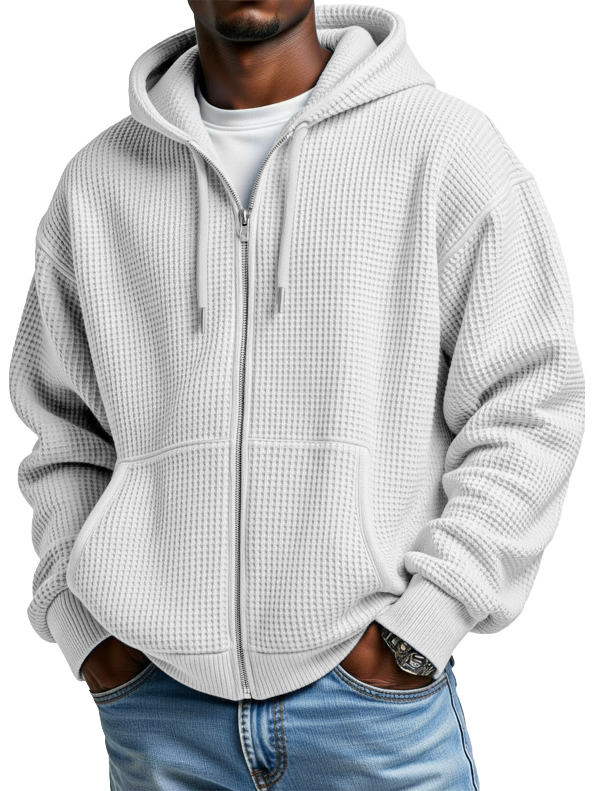 Men's Casual Solid Color Waffle Long Sleeve Hooded Coat