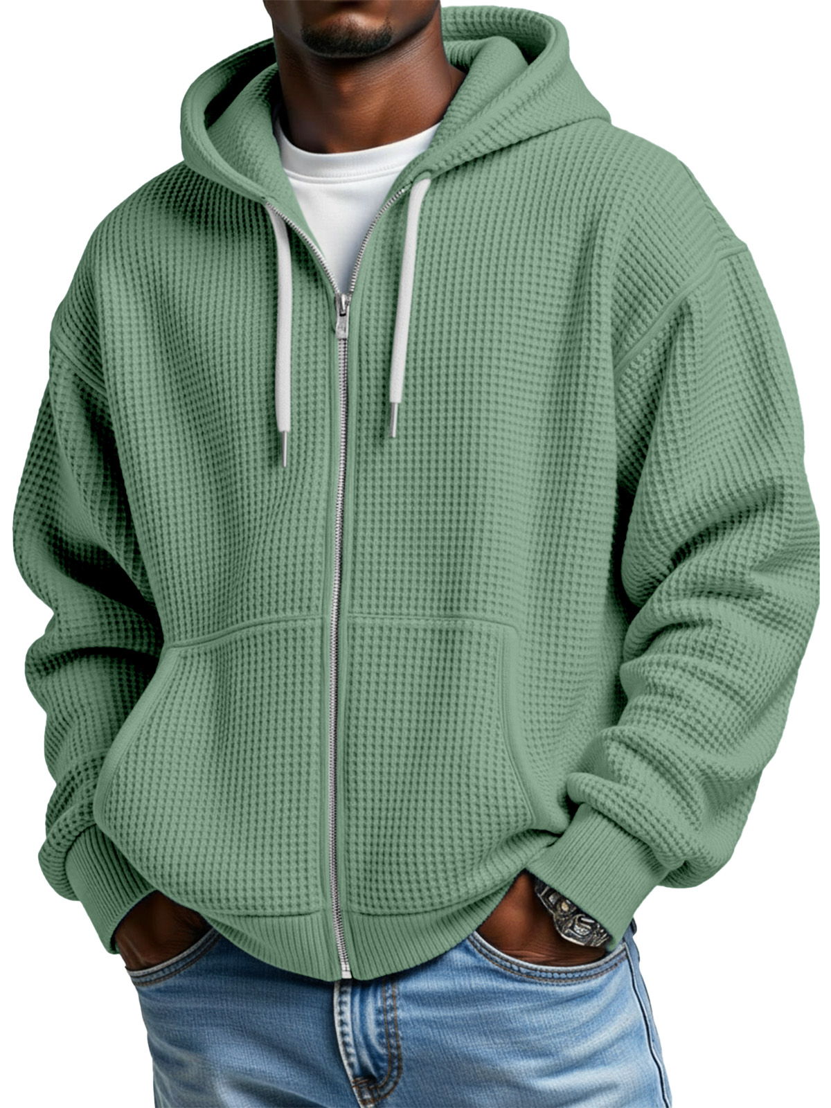 Men's Casual Solid Color Waffle Long Sleeve Hooded Coat
