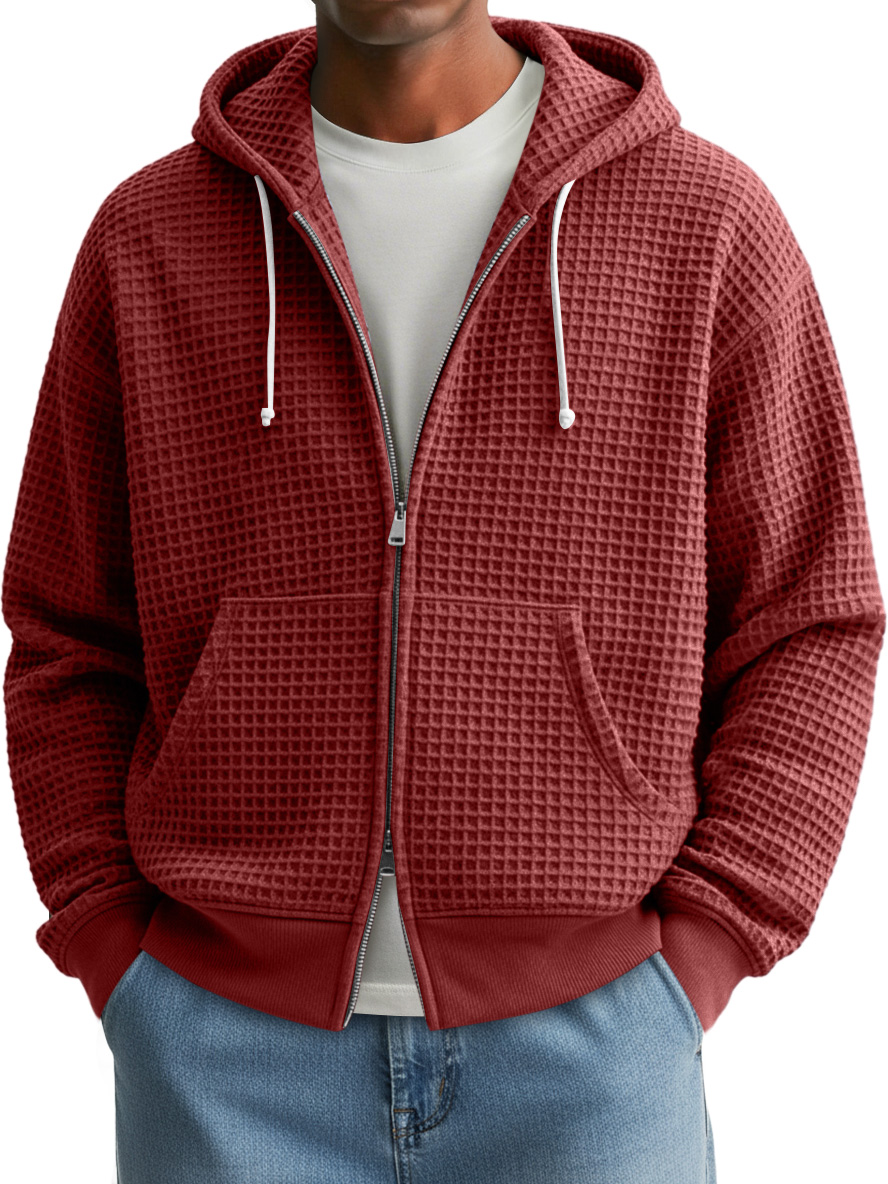 Men's Fashion Waffle Texture Casual Loose Hooded Zipper Jacket