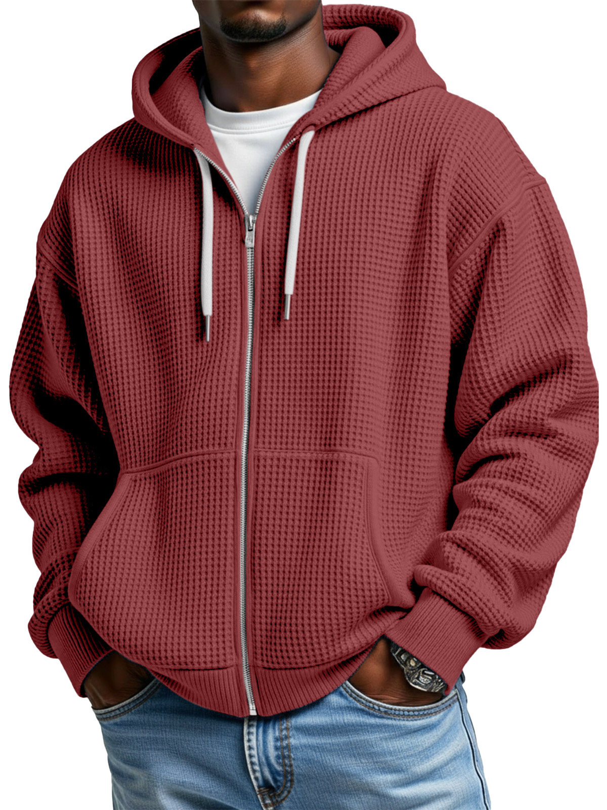 Men's Casual Solid Color Waffle Long Sleeve Hooded Coat