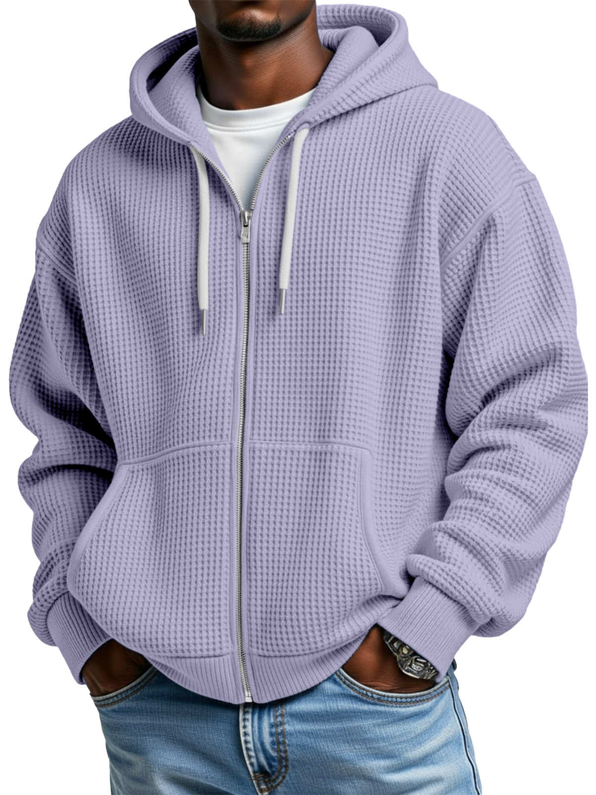 Men's Casual Solid Color Waffle Long Sleeve Hooded Coat