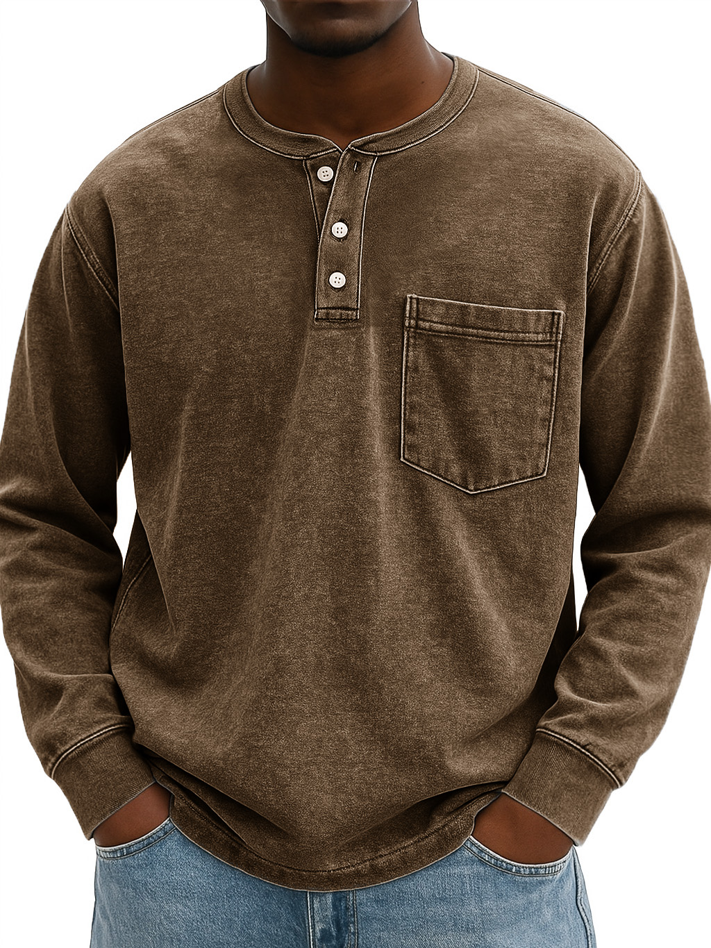 Men's Stylish Vintage Distressed Pocket Lapel Long-sleeved Henley Shirt